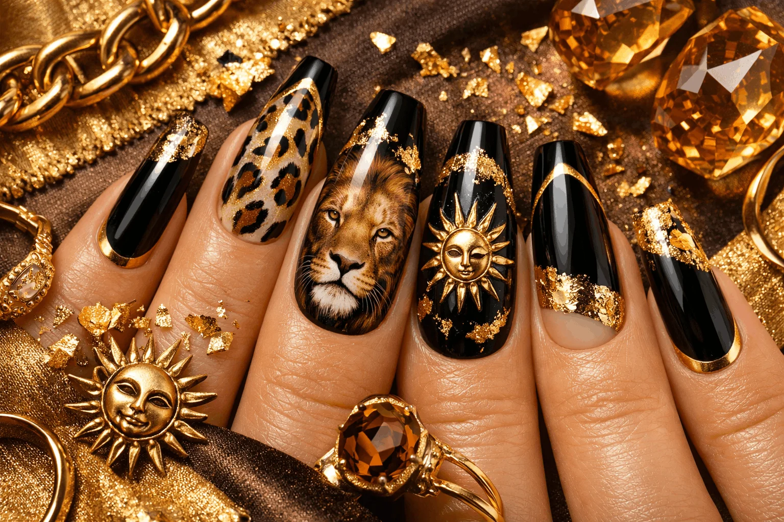 22 Leo Nails You’ll Love If You’re Bold & Fearless 5 Leo nail art ideas with lion design gold foil and animal print