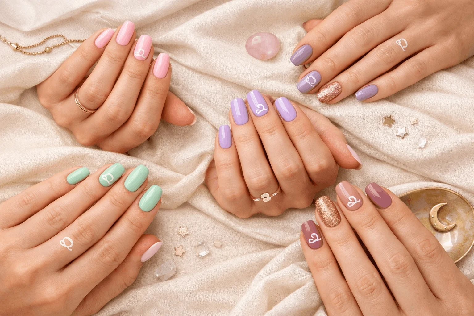 21 Libra Nails Designs for Soft, Chic Manicures 2 Libra nails color palette featuring pastels nude and metallic shades