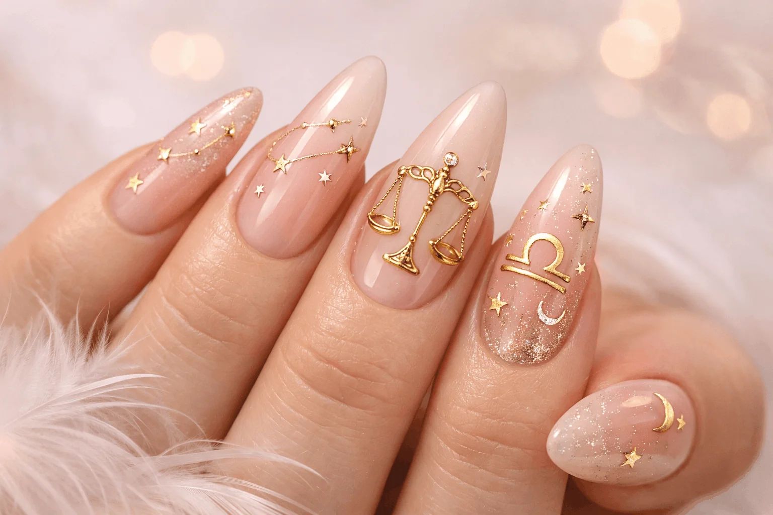 21 Libra Nails Designs for Soft, Chic Manicures 1 Libra nails manicure with soft pink, gold stars and zodiac constellation nail art
