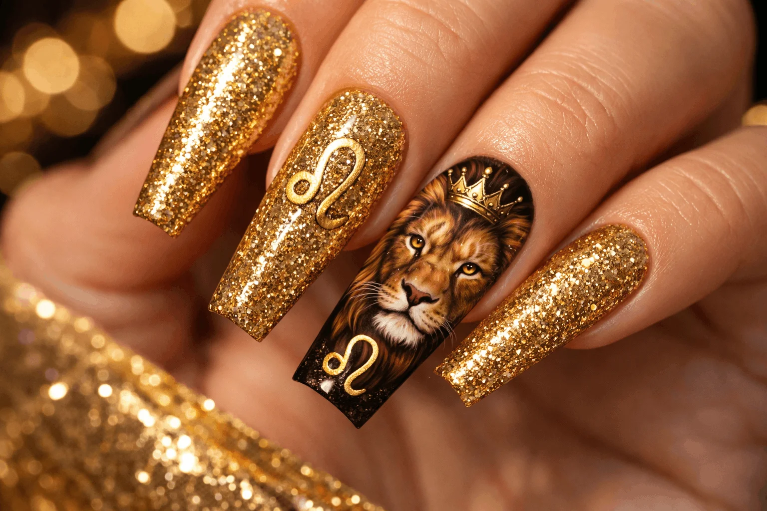 22 Leo Nails Youโll Love If Youโre Bold & Fearless 3 Lion accent leo zodiac nails with gold glitter manicure