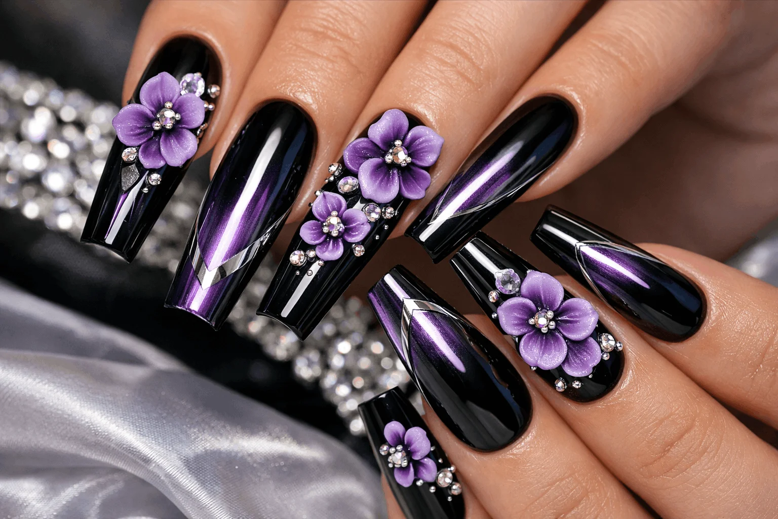 21 Black and Purple Nails Ideas That Look Expensive 9 Long black and purple acrylic nails with 3D floral details
