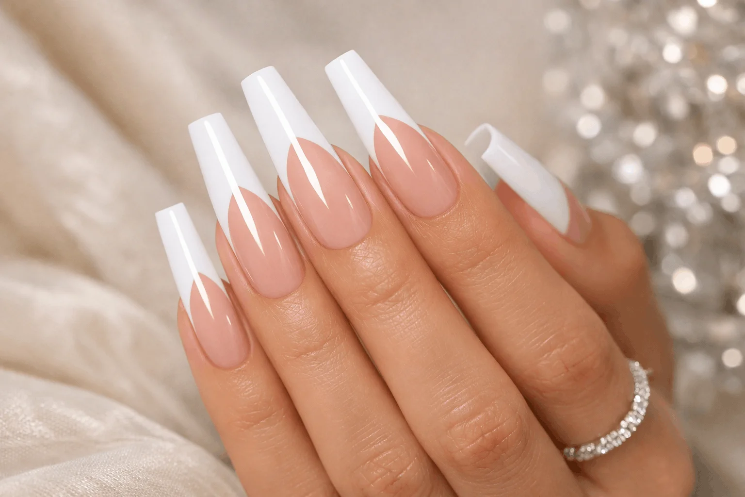 21 White French Tip Nails That Look Clean & Chic 6 Long coffin white french tip acrylic nails