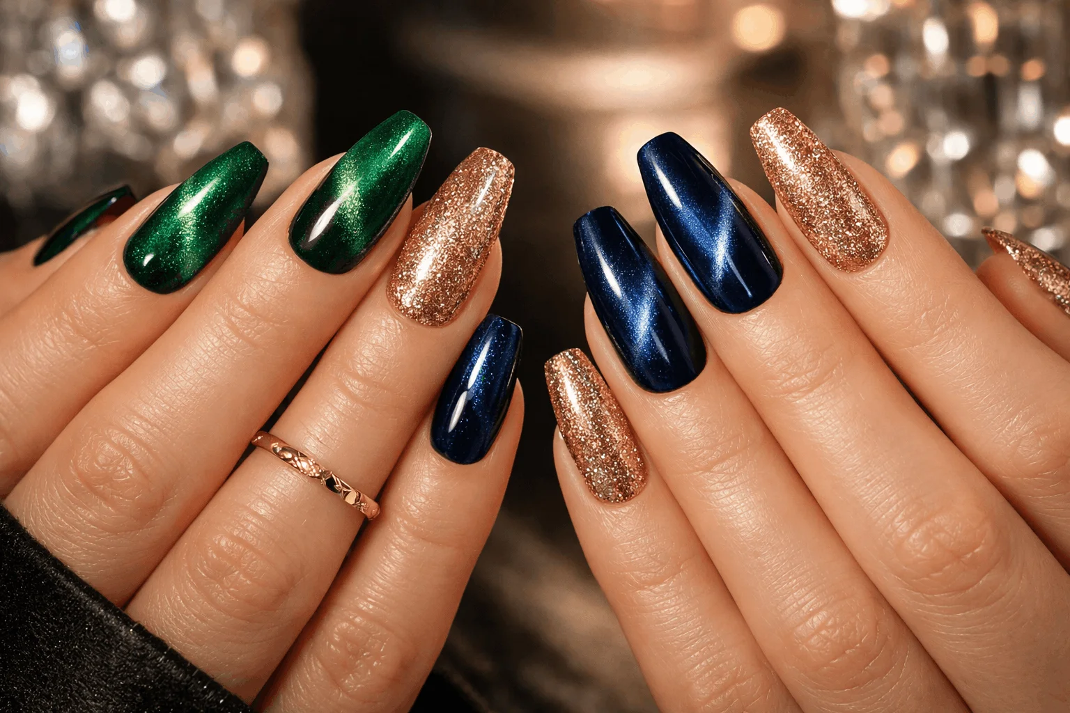 22 Cat Eye Nails That Instantly Elevate Your Manicure 3 Long lasting cat eye gel nails in emerald green and rose gold shades