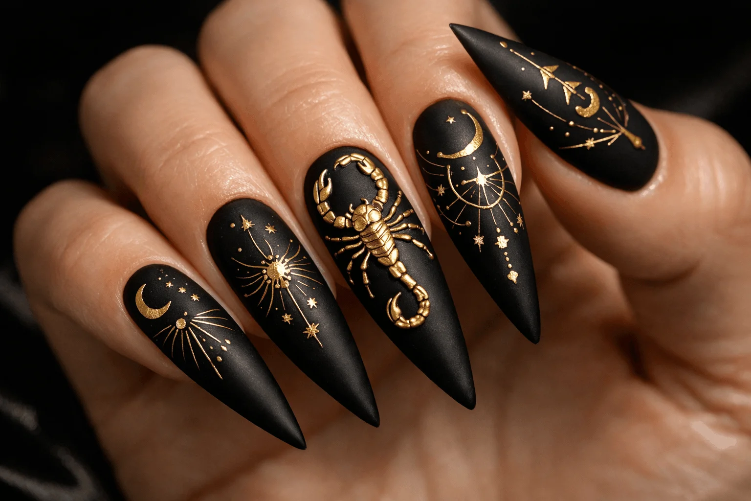21 Scorpio Nails Designs for Mysterious Vibes 5 Matte black and gold scorpio nails designs with zodiac symbols
