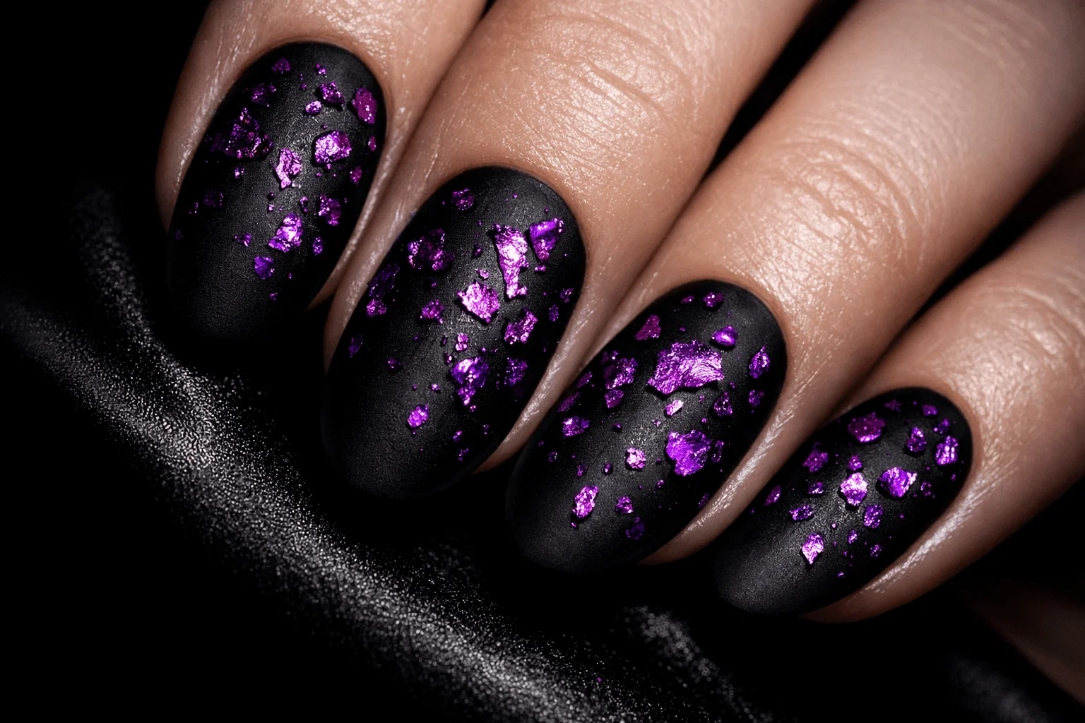 21 Black and Purple Nails Ideas That Look Expensive 8 Matte black nails with purple foil accents