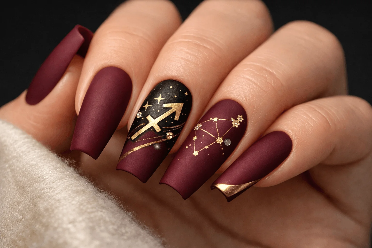 23 Sagittarius Nails Ideas Inspired by Zodiac Power 4 Matte burgundy Sagittarius nails for bold and confident look