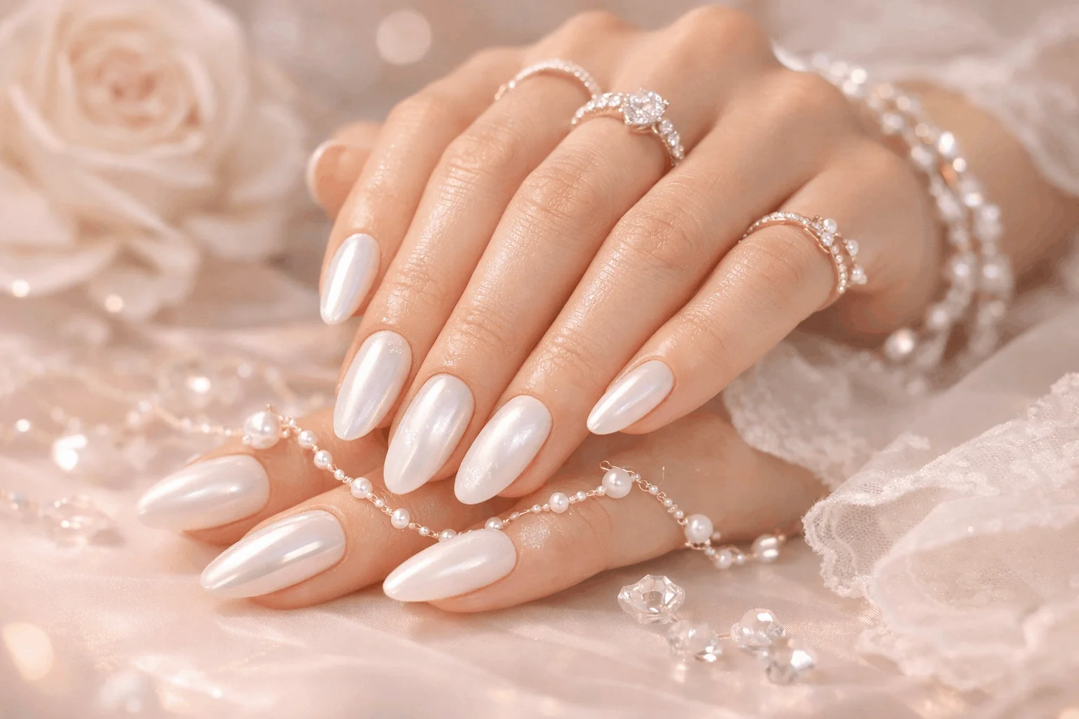 24 Trendy White Chrome Nails for Fashion Queens 3 Milky white and pearl chrome nails for bridal and soft glam look