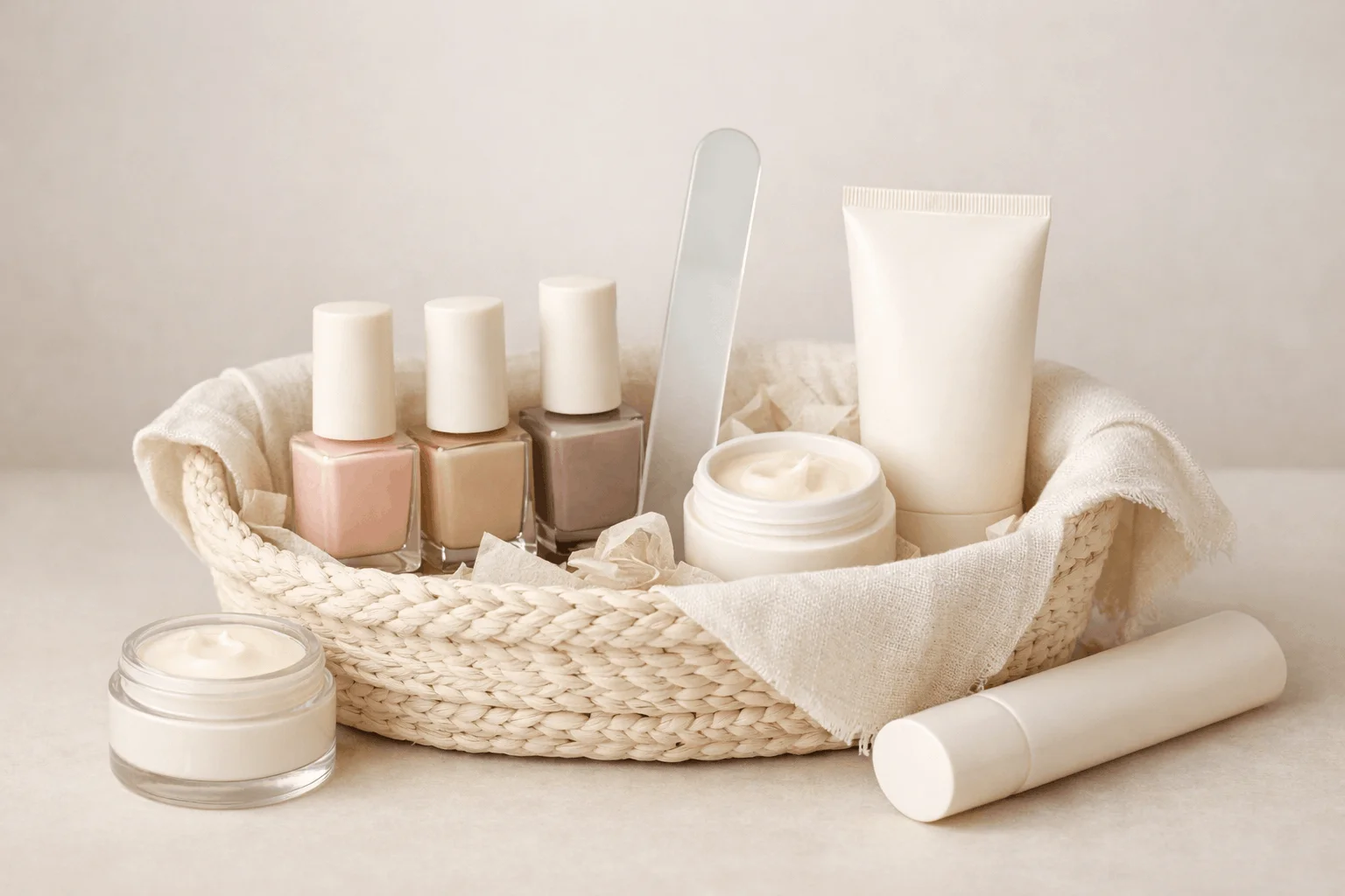 21 Nail Care Gift Basket Ideas Everyone Will Love 5 Minimalist nude manicure gift basket with neutral nail polish shades