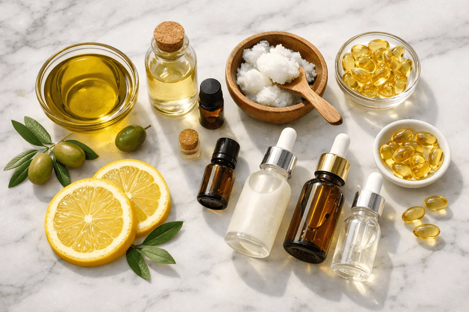 23 Nail Growth Serum Recipes for Long, Healthy Nails 1 Natural ingredients for homemade nail growth serum recipes arranged on marble background