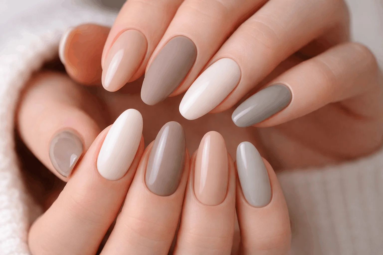 24 January Nails Designs Perfect for Winter Vibes 2 Neutral January nails in nude, beige, and soft gray tones