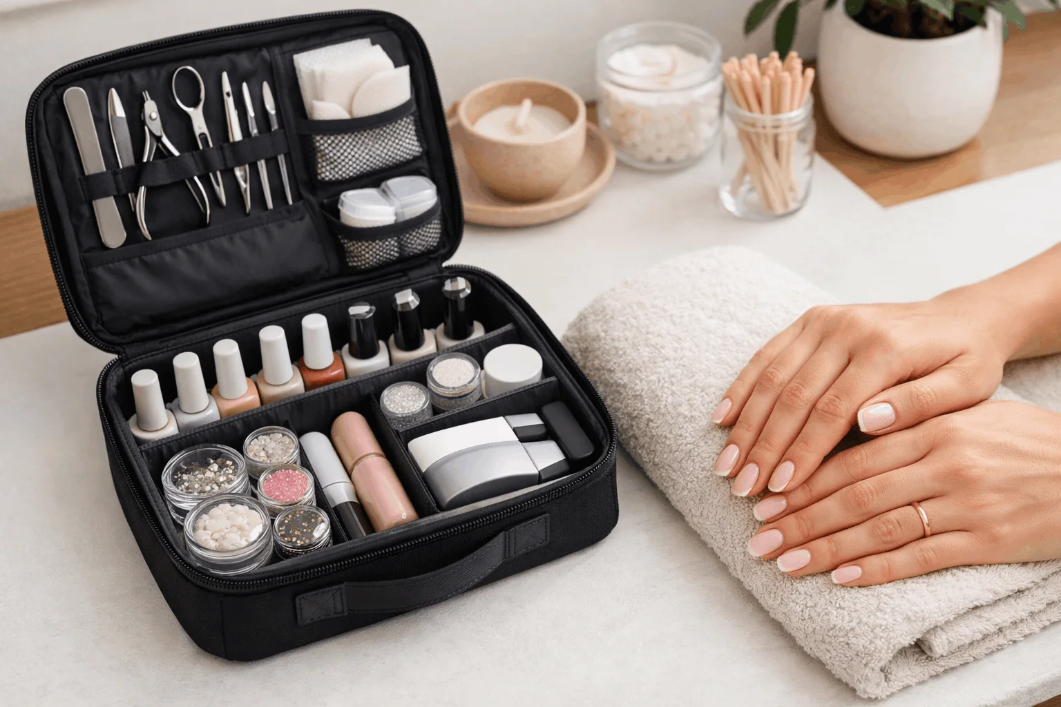 23 Nail Supply List for Beginners for Clean, Pretty Nails 6 Organized nail supply storage with finished manicure result