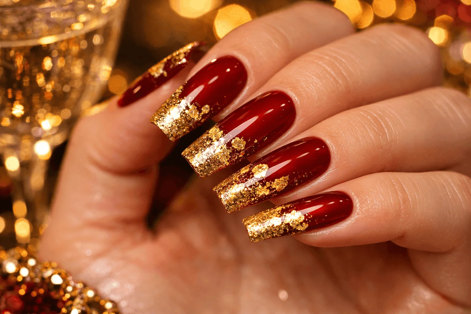 22 Leo Nails Youโll Love If Youโre Bold & Fearless 8 Red and gold leo birthday nails with glitter gradient