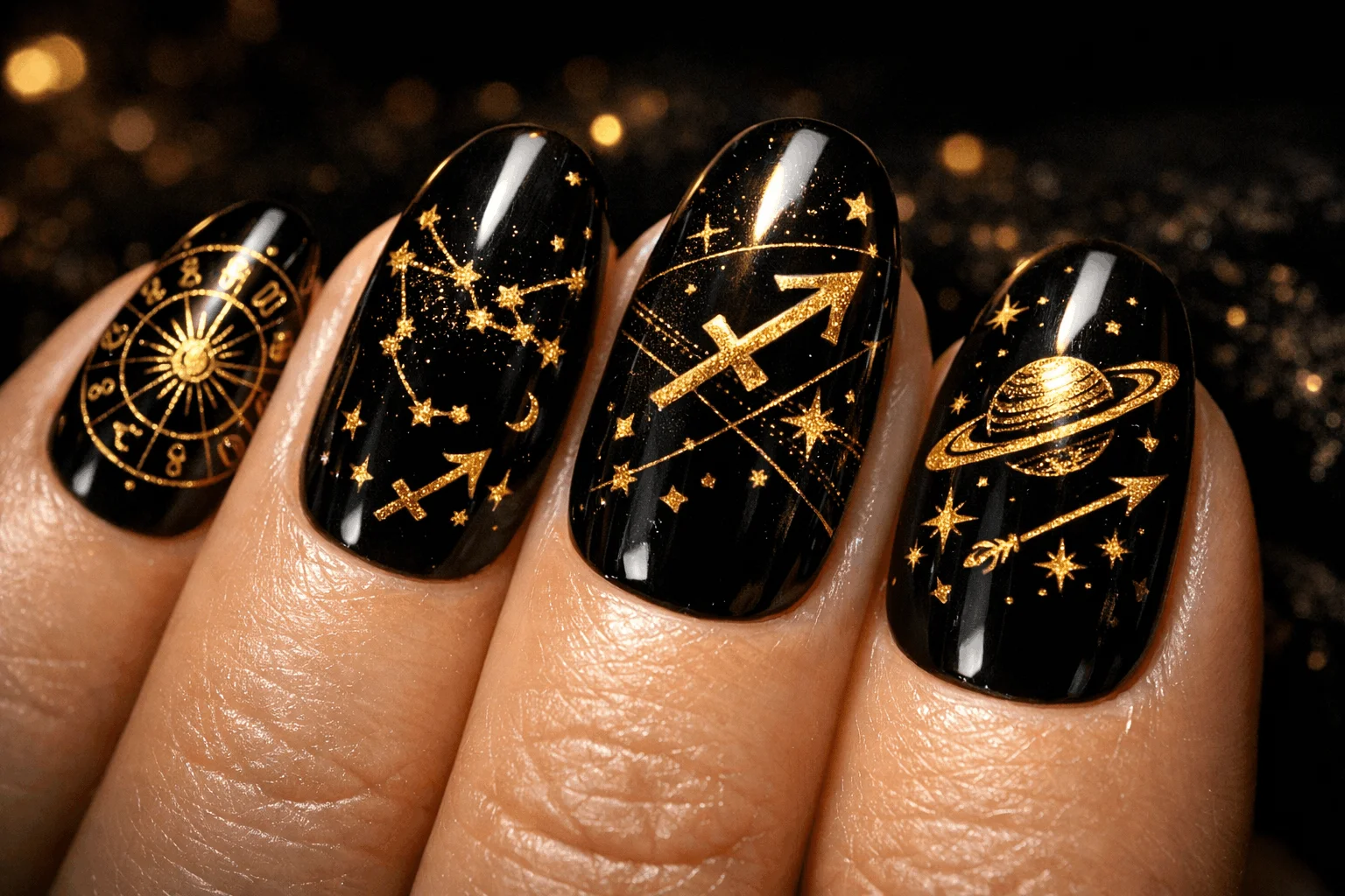 23 Sagittarius Nails Ideas Inspired by Zodiac Power 5 Sagittarius astrology nails with zodiac chart and gold celestial art