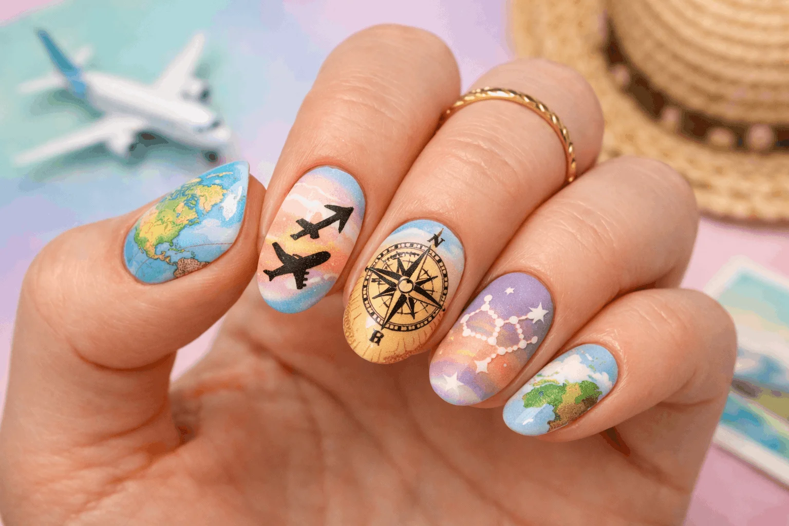 23 Sagittarius Nails Ideas Inspired by Zodiac Power 6 Sagittarius travel-inspired nails with world map and airplane design