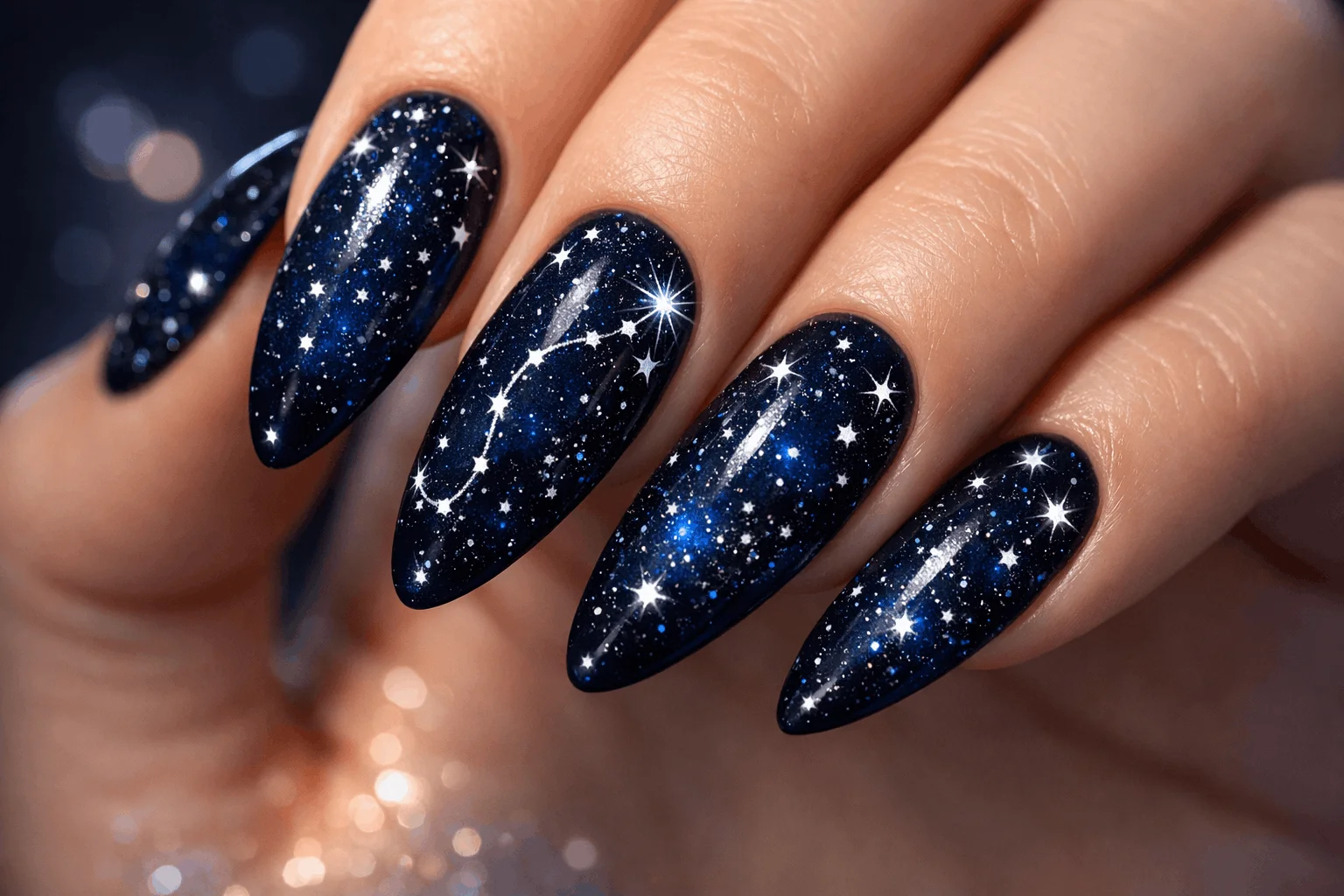 21 Scorpio Nails Designs for Mysterious Vibes 3 Scorpio constellation nail art with celestial astrology design