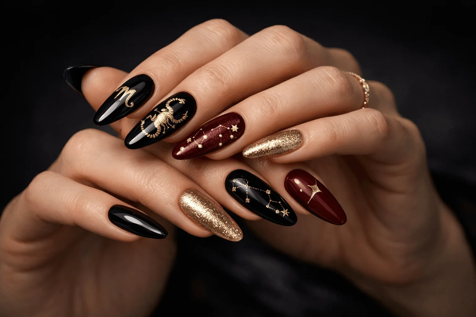 21 Scorpio Nails Designs for Mysterious Vibes 11 Scorpio nails designs featuring dark burgundy and zodiac nail art