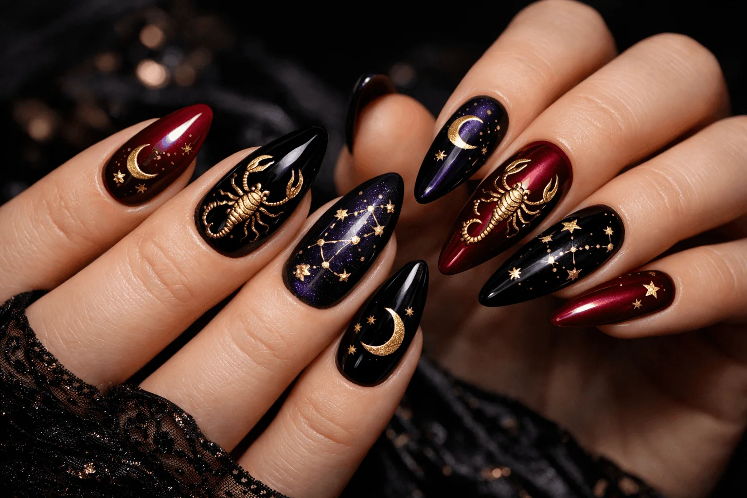 21 Scorpio Nails Designs for Mysterious Vibes 1 Scorpio nails designs with celestial zodiac symbols and dark mystical manicure