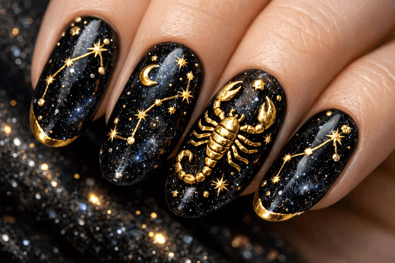21 Scorpio Nails Designs for Mysterious Vibes 2 Scorpio zodiac nails with constellation and scorpion symbol design