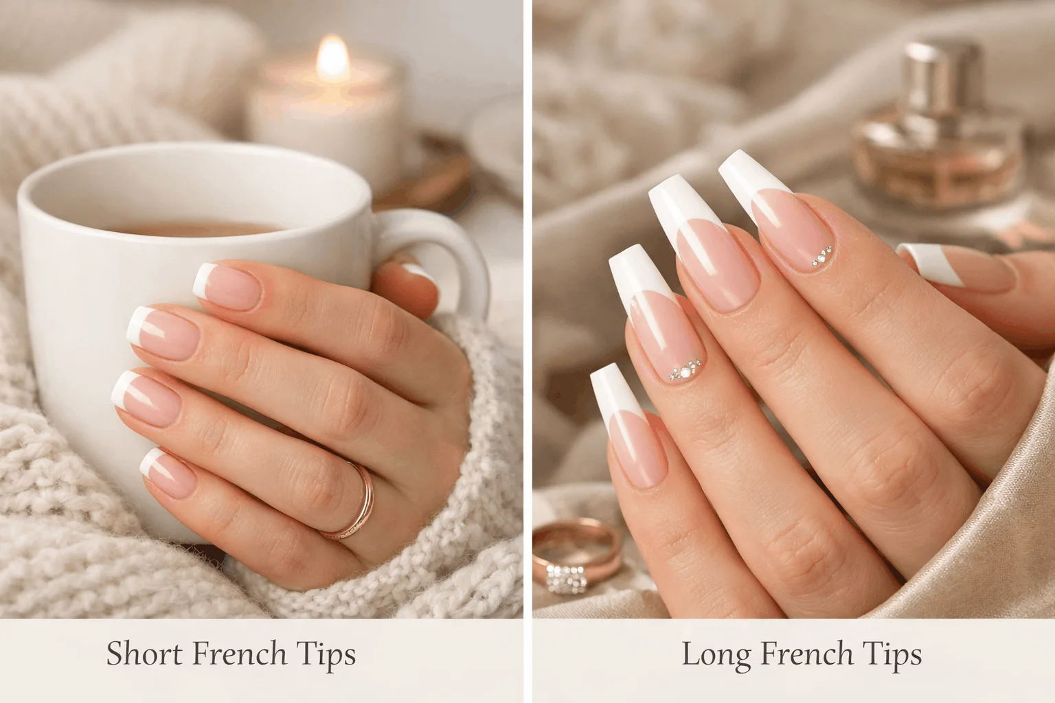 21 White French Tip Nails That Look Clean & Chic 4 Short and long white French tip nails comparison image