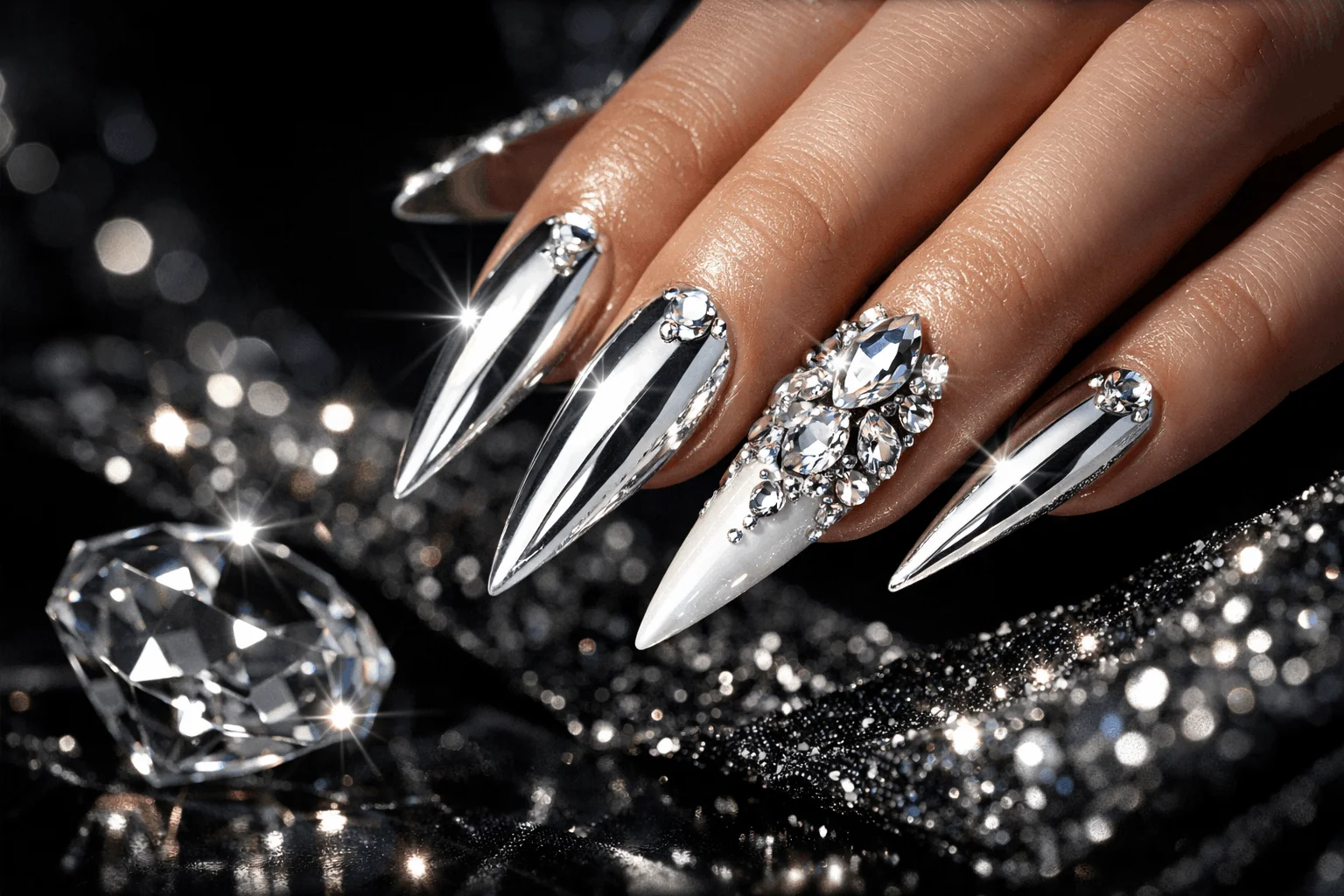 24 Trendy White Chrome Nails for Fashion Queens 4 Stiletto white chrome nails with rhinestones for party glam look