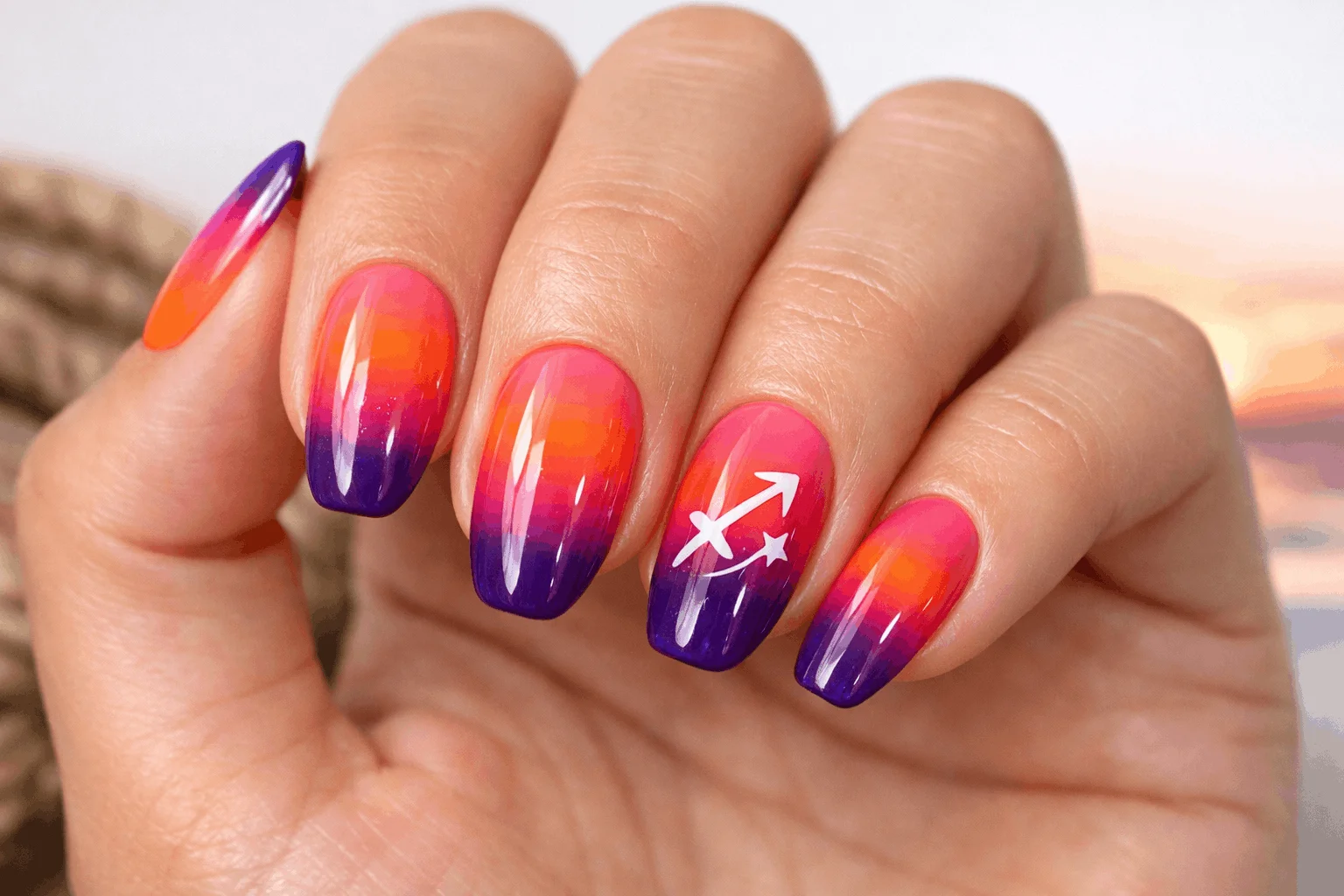23 Sagittarius Nails Ideas Inspired by Zodiac Power 7 Sunset gradient Sagittarius nails in orange pink and purple tones