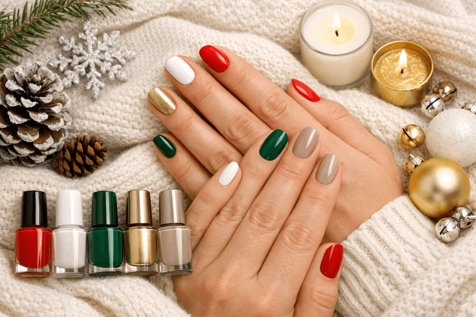 22 December Nails Trends for Holiday Perfection 2 Trending December nail colors red white green gold and nude