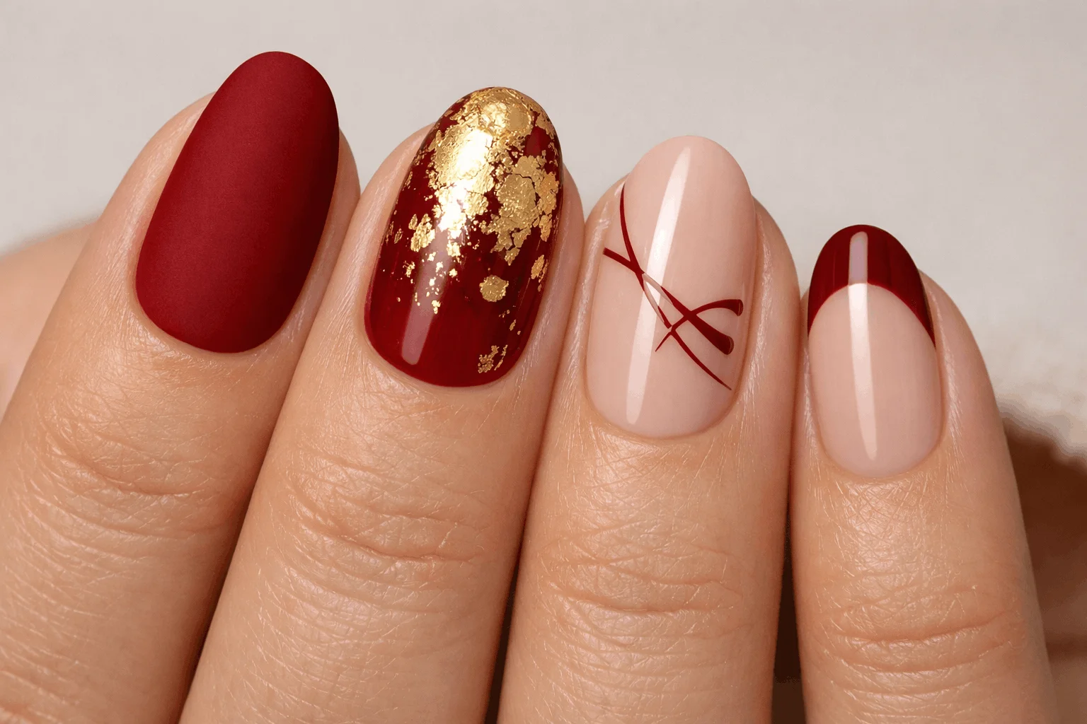 20 Dark Red Nails Ideas for Classy, Elegant Hands 5 Trending dark red nail designs with matte and gold accents