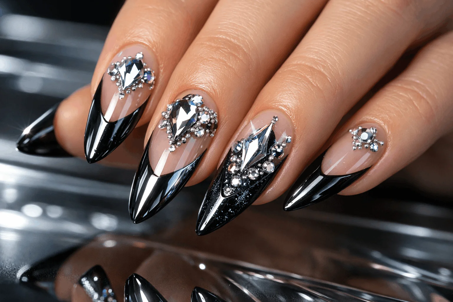 20 Black French Tip Nails That Look Super Classy 9 Trendy chrome and 3D black French tip nail designs