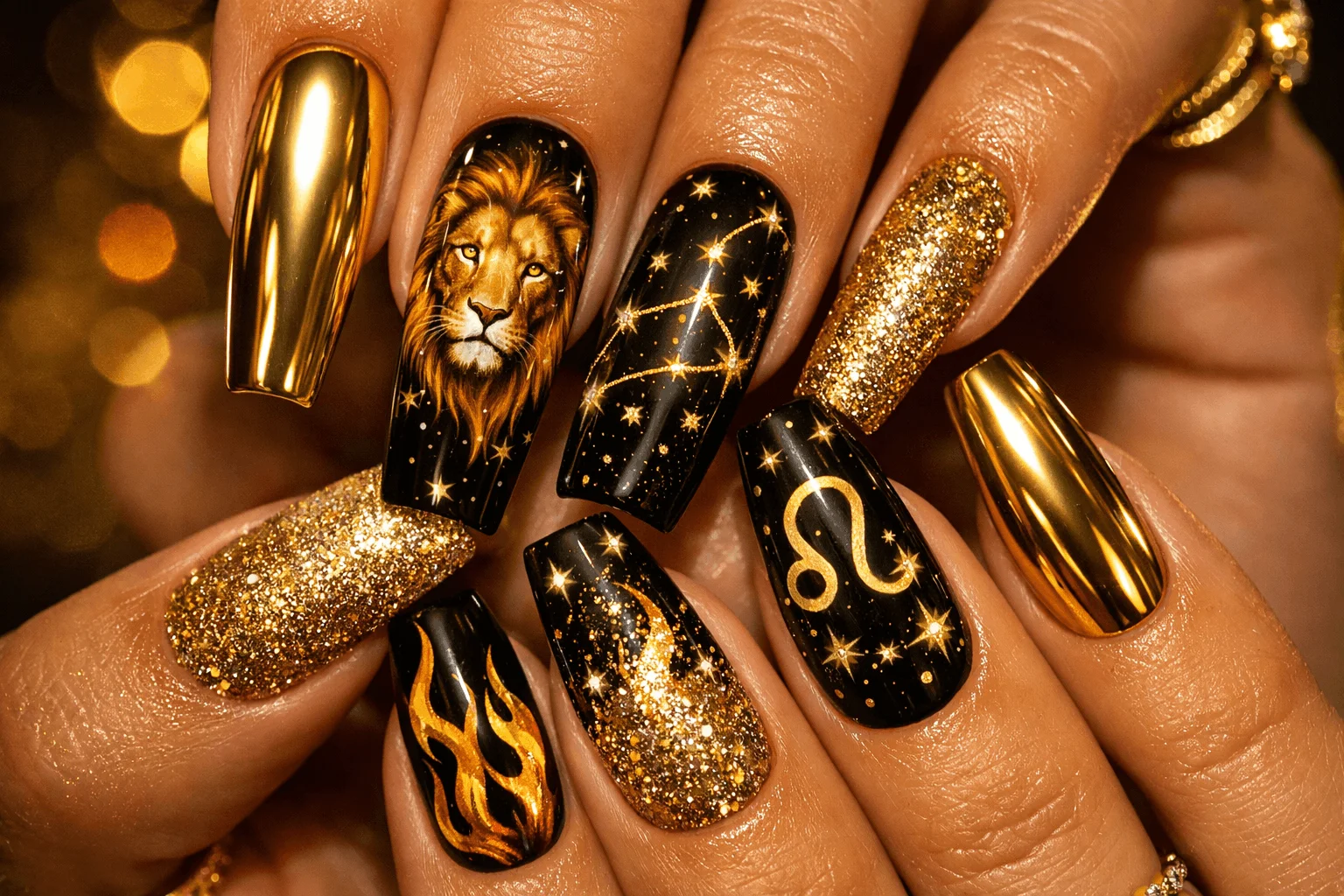 22 Leo Nails Youโll Love If Youโre Bold & Fearless 10 Ultimate glamorous leo nails with chrome glitter lion and zodiac designs