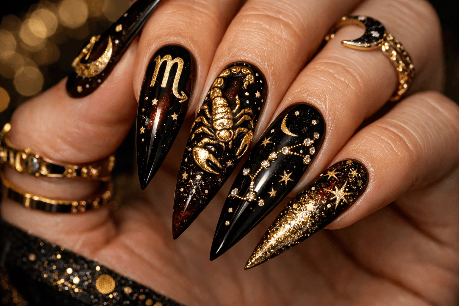 21 Scorpio Nails Designs for Mysterious Vibes 10 Ultimate scorpio zodiac nails set with scorpion and constellation designs