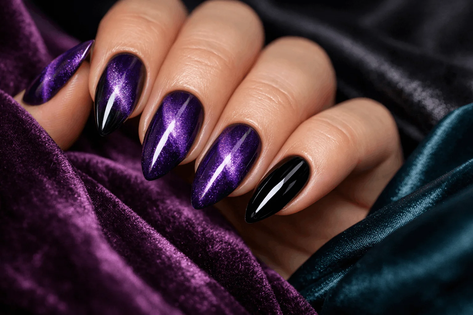 21 Black and Purple Nails Ideas That Look Expensive 7 Velvet cat-eye purple nails with glossy black accents