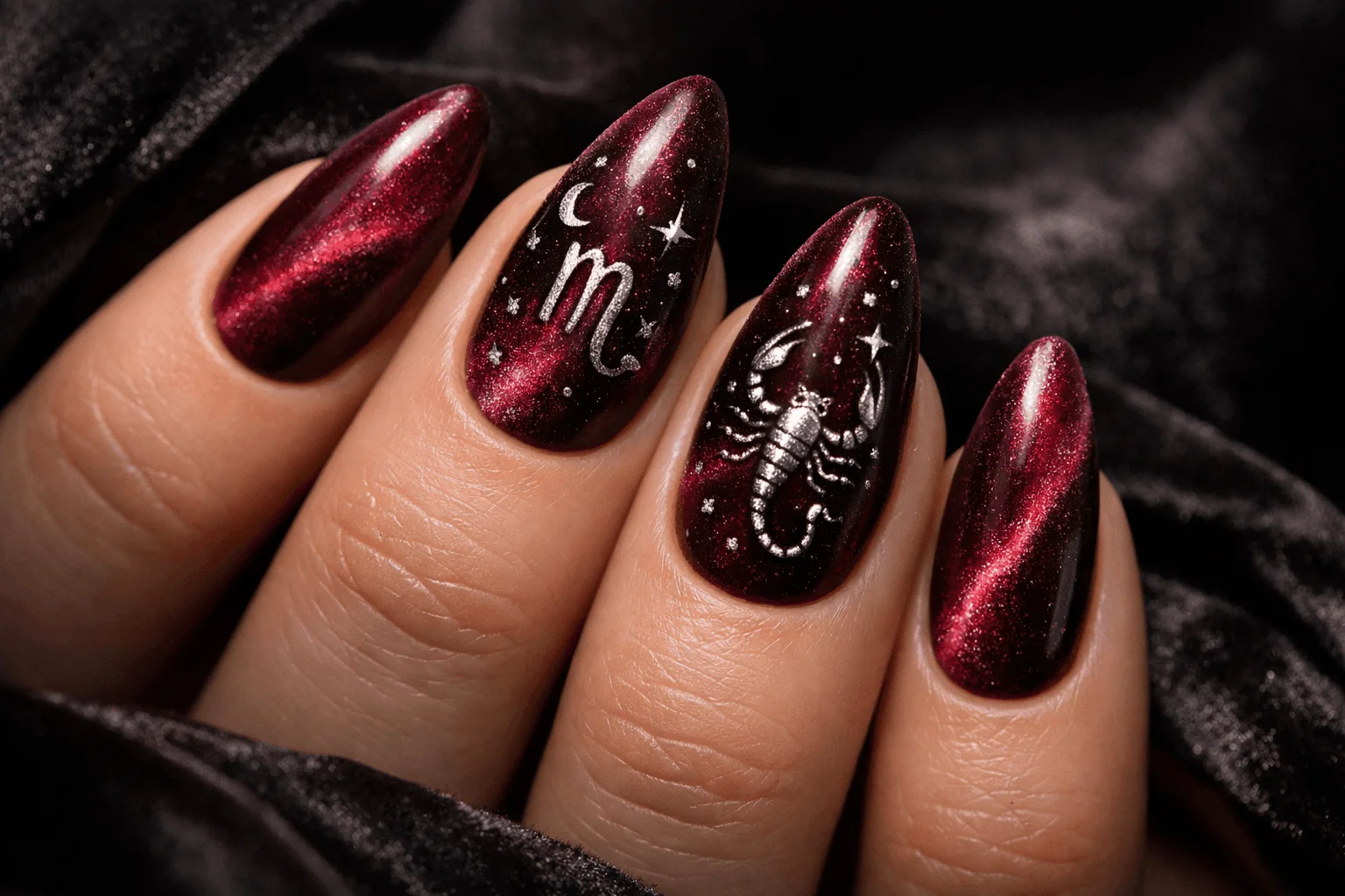21 Scorpio Nails Designs for Mysterious Vibes 8 Velvet scorpio nails designs with burgundy magnetic shimmer effect