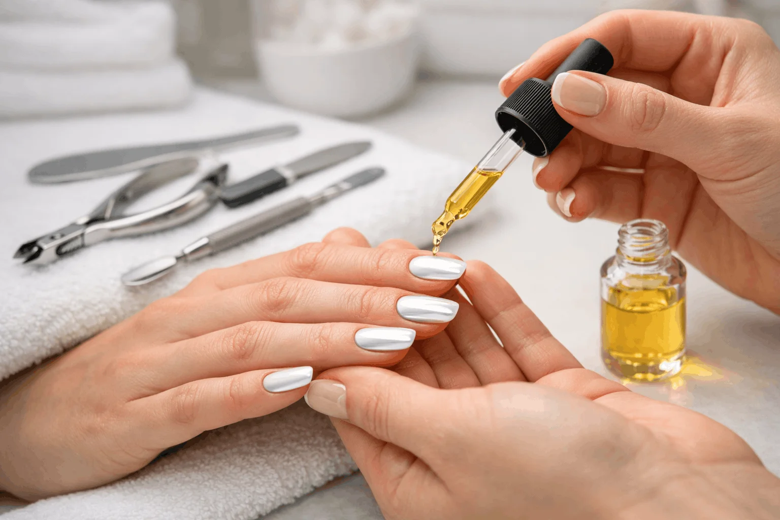 24 Trendy White Chrome Nails for Fashion Queens 6 White chrome nail maintenance with cuticle oil and salon tools