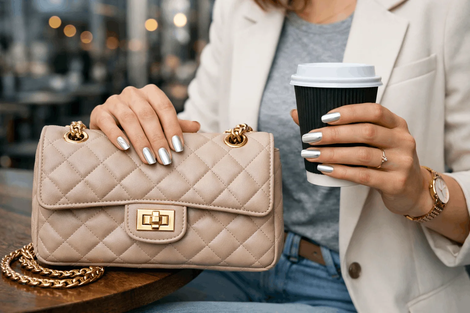 24 Trendy White Chrome Nails for Fashion Queens 5 White chrome nails styled with casual and office fashion outfits