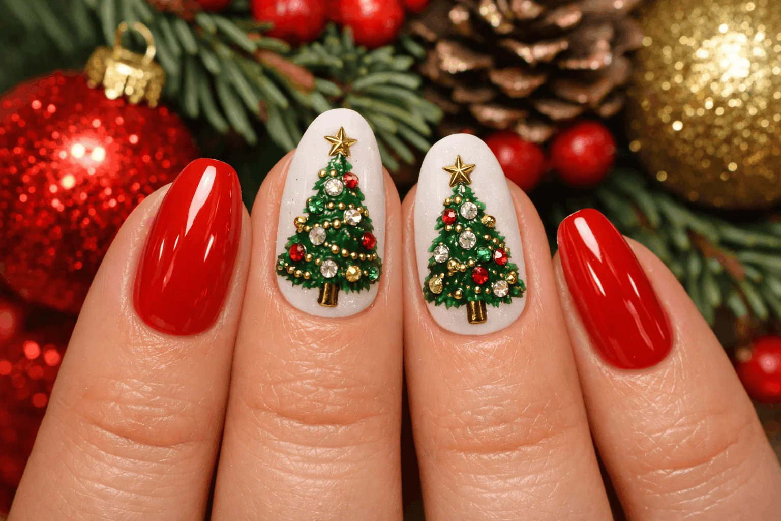 22 December Nails Trends for Holiday Perfection 8 christmas tree christmas december nails manicure