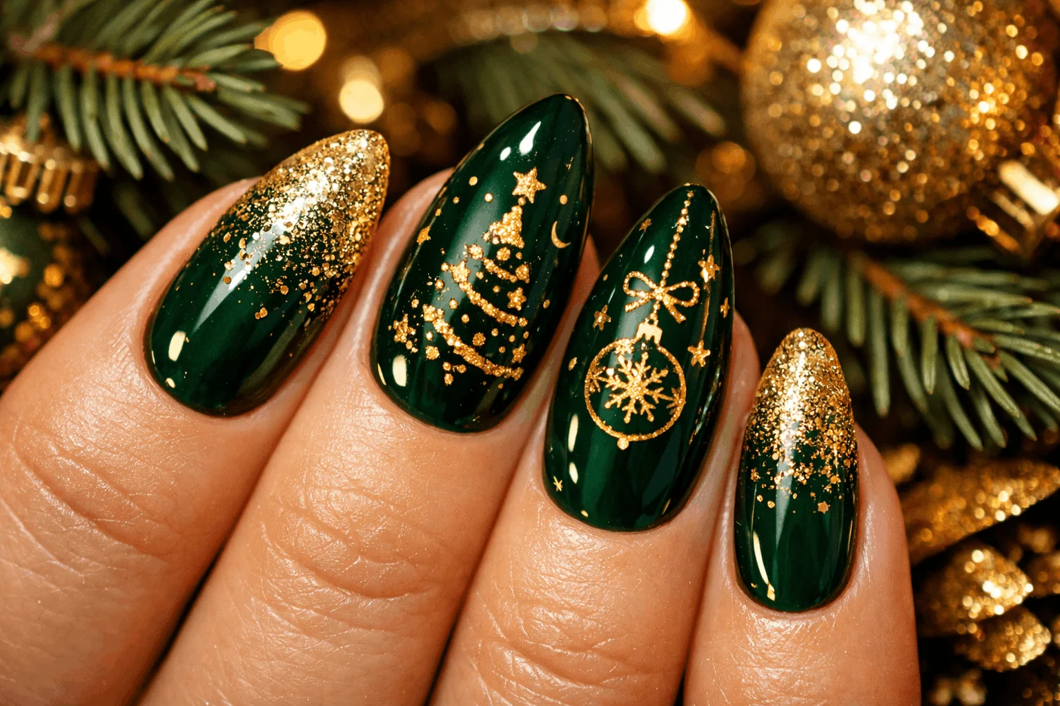 25 Gold Holiday Nails That Shine All Season Long 9 emerald green and gold christmas nails festive holiday manicure