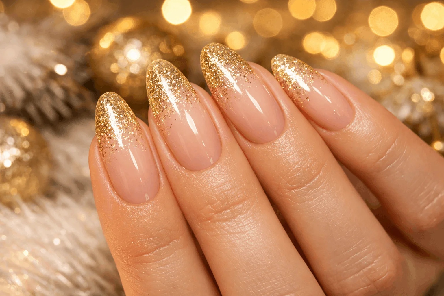 25 Gold Holiday Nails That Shine All Season Long 8 gold glitter ombre holiday nails with soft gradient sparkle