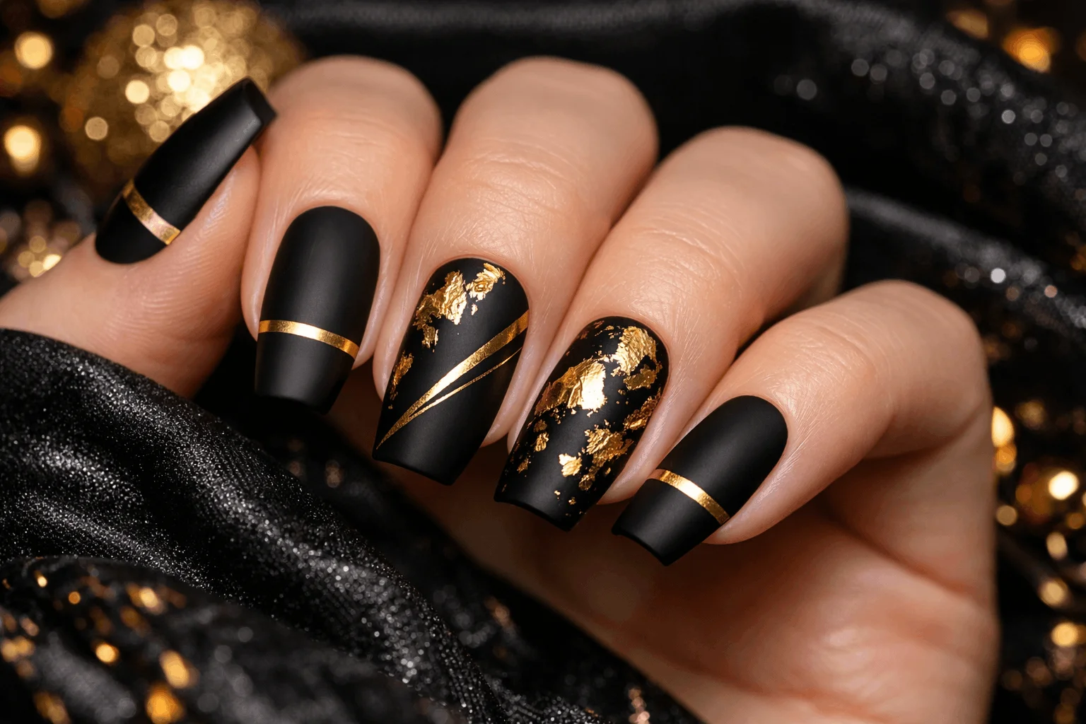 25 Gold Holiday Nails That Shine All Season Long 5 matte black and gold holiday nails with foil accents