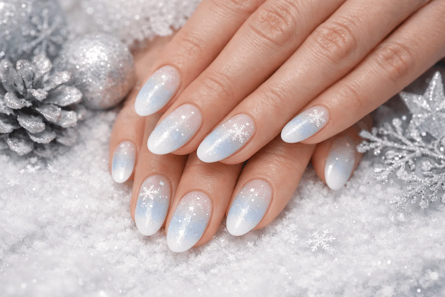 22 December Nails Trends for Holiday Perfection 9 snowy ombre december nails winter manicure