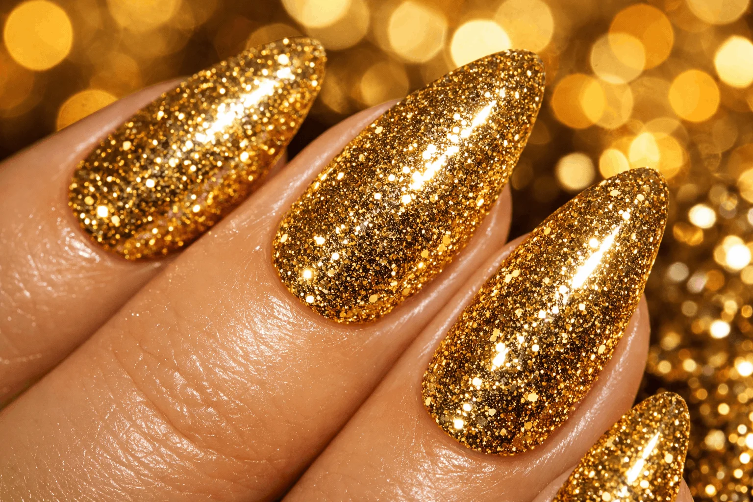 25 Gold Holiday Nails That Shine All Season Long 2 sparkling gold glitter holiday nails for festive manicure inspiration