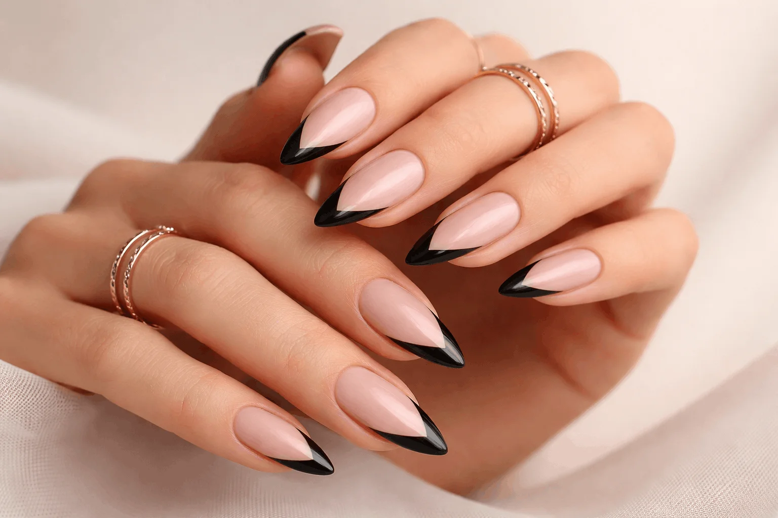 20 Black French Tip Nails That Look Super Classy 9 v shaped black french tip almond nails
