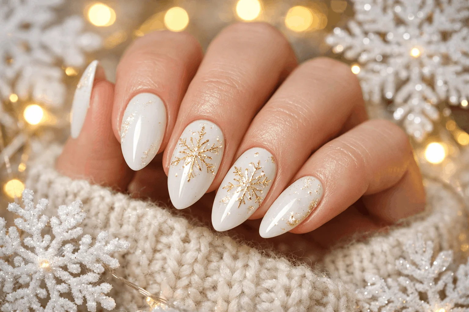 25 Gold Holiday Nails That Shine All Season Long 4 white and gold snowflake gold christmas nails design for winter manicure