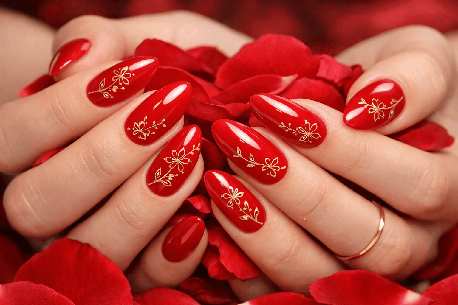 18 Red Gold Nails Designs That Feel Bold and Elegant 11 Red gold nails with floral gold nail art design