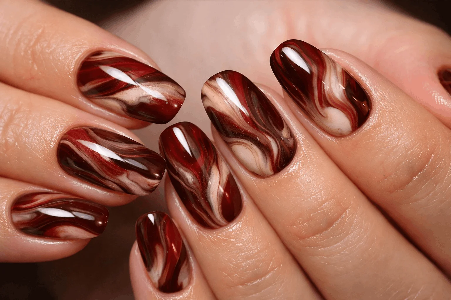 15 Cherry Mocha Nails Perfect for Any Season 11 Cherry mocha marble nails artistic swirl design