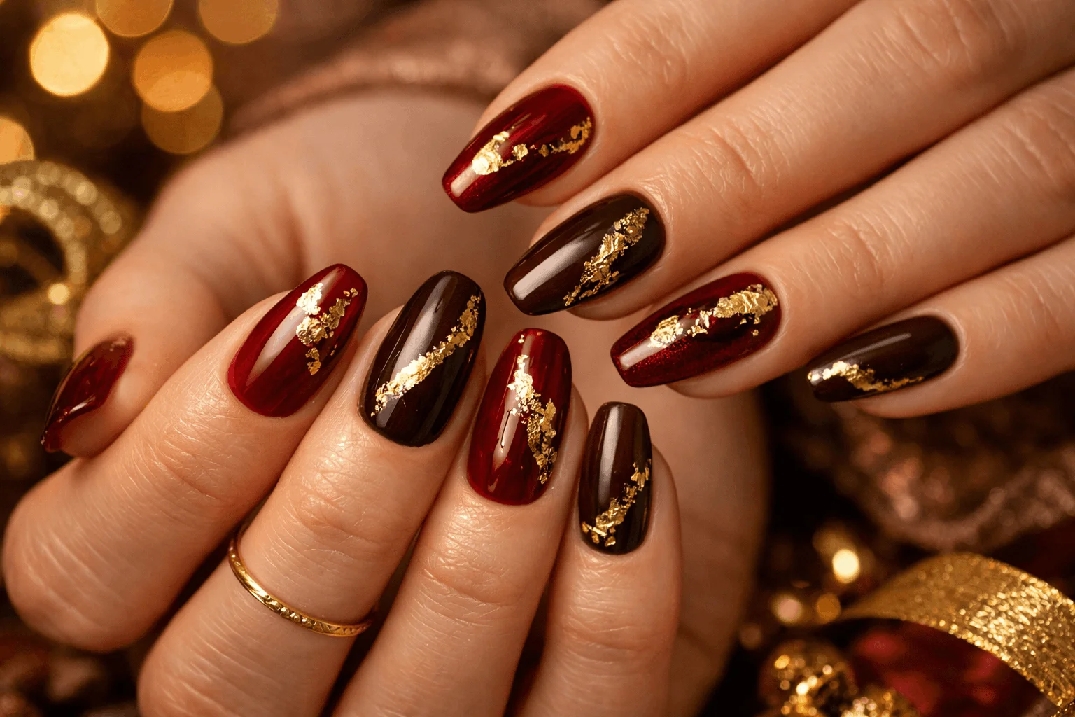 15 Cherry Mocha Nails Perfect for Any Season 8 Cherry mocha nails with gold foil accents design