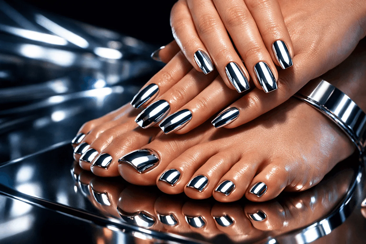 18 Nail and Feet Set Ideas for a Chic Look 7 Chrome mirror nails and toes futuristic manicure pedicure set ideas