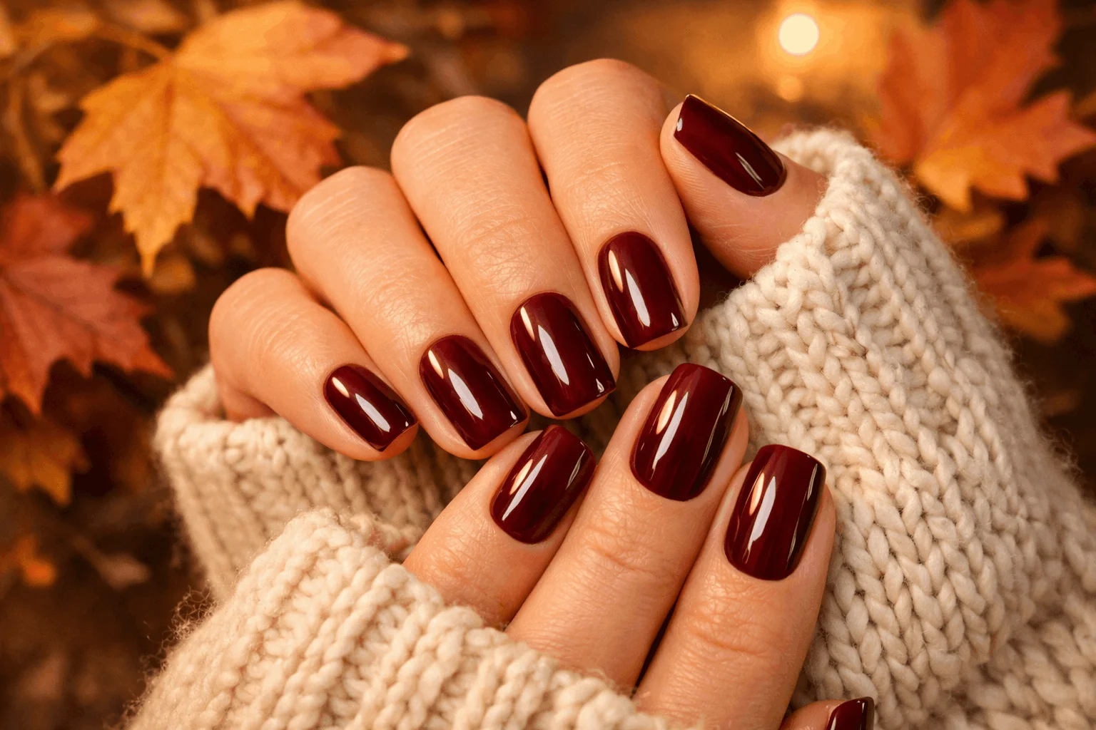 16 Fall Season Nails Trends You Need to Try 2 Classic burgundy fall season nails with cozy sweater aesthetic