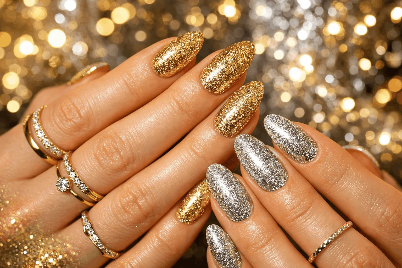 19 Birthday Nails That Will Make Your Party Shine 1 Classic glitter birthday nails with gold and silver sparkle manicure