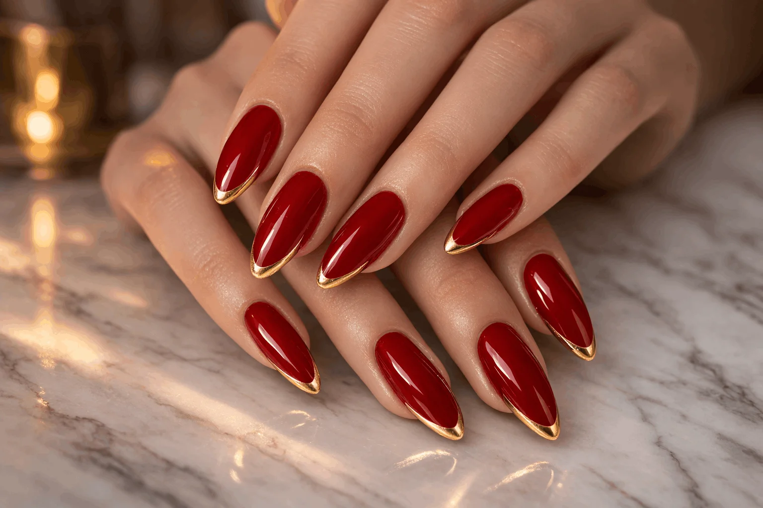 18 Red Gold Nails Designs That Feel Bold and Elegant 2 Classic red nails with gold tips elegant manicure design