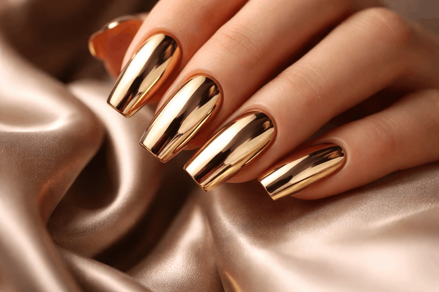 19 Gold Nail Designs That Elevate Your Style 6 Gold chrome nails with shiny mirror finish
